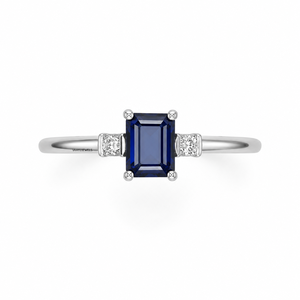 Anillo de Lujo Clásico con Tres Piedras de Zafiro Corte Esmeralda para Mujer, Oro 10K 14K 18K, Plata 925 935, Bañado en Rodio, para Boda - Product Image 2