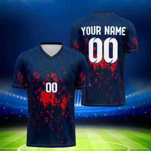 Maillot de tennis sublimé personnalisé pour homme, imprimé bleu foncé et rouge, respirant, en polyester, col en V, manches courtes, uniforme adulte - Product Image 5