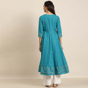 Cotton Floral Printed Anarkali <b>Kurta</b> and Short Kurti Set Teal Color <b>Women's</b> Summer Flared Casual Wear - Product Image 6