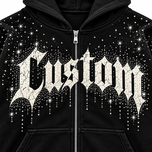 Sudadera con capucha unisex oversize de forro polar con cremallera, estilo hip hop, con estampado de purpurina y diseño frontal de letras de diamantes de imitación negros, 100% - Product Image 5