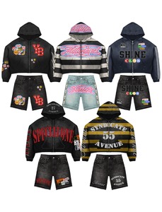 Ensemble streetwear pour homme, veste courte à capuche et short, imprimé, design surdimensionné avec fermeture éclair, tenue de mode estivale - Product Image 1