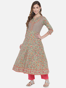 Ensemble Kurti en coton imprimé à la main, robe longue trapèze à manches trois quarts, coupe décontractée ample, tissu tissé respirant - Product Image 4