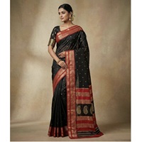 Sari de Seda Banarasi Negro con Borde Rojo, Sari Tradicional Indio para Bodas, Largo hasta el Suelo, Corte Regular, para Todas las Temporadas