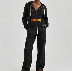 Ensemble sweat à capuche et pantalon de survêtement personnalisé avec logo pour femme, survêtements en coton zippés, style vintage délavé et vieilli, ensemble de jogging pour femme - Product Image 1
