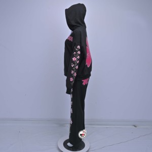 Ensemble de survêtement en polaire anti-plis noir à capuche pour femme, avec sweat-shirt décontracté à fermeture éclair sur le devant, coupe ample et longueur intégrale, motif Rose Éclatante - Product Image 3