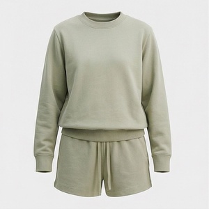 Conjunto de 2 Piezas para Mujer, Sudadera y Pantalones Cortos de Punto, Color Sólido, Cuello Redondo, Manga Larga, Corte Holgado, Estilo Casual, Largo por Encima de la Rodilla - Product Image 1