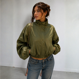 Silk Satin <b>Jacket</b> Olive Green Snap Button Cropped Stand Collar Balloon Sleeve Shimmer Wholesale - Product Image 1