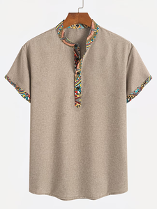 Men's Casual Fashionable Solid Color Stiff Fabric Patchwork Ethnic Print Half-open Collar Side Pocket Drawstring 100% Cotton - Product Image 5