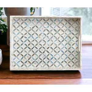 Plateau de service de luxe en nacre incrustée, mosaïque géométrique turquoise, plateau décoratif en coquille MOP pour table basse ou ottoman - Product Image 3