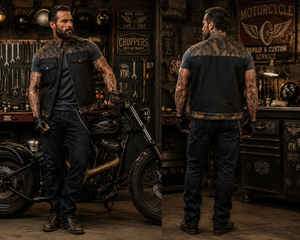 <b>Men's</b> Real <b>Leather</b> Motorcycle Vest Camouflage Pattern Stand Collar Windproof Biker <b>Jacket</b> With Pockets And Belt Closure - Product Image 3
