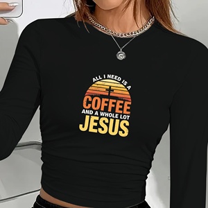เสื้อยืดแขนยาวพิมพ์ลายกาแฟพระเยซู สไตล์ Y2K สำหรับผู้หญิง ผ้าถักผสมสแปนเด็กซ์และโพลีเอสเตอร์ คอกลม ทรงปกติ ใส่ได้ทุกฤดู แฟชั่น - Product Image 5