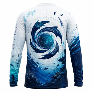 เสื้อเชิ้ตแขนยาวสำหรับตกปลา ผู้ชาย พิมพ์ลายแบบ Sublimation สีน้ำเงินเหลือง ออกแบบเองได้ คอกลม ระบายเหงื่อได้ดี ทรงพอดีตัว เหมาะสำหรับใส่กลางแจ้งในฤดูร้อน - Product Image 5