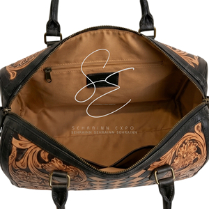 Bolsa de Viaje de Cuero Repujado Estilo Western SEHRAINN, con Patrón Floral a Cuadros Vintage y Cierre de Cremallera - Product Image 5