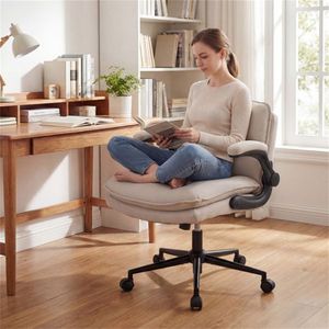 Sedia da Ufficio Regolabile in Altezza con Braccioli Ribaltabili, in Ecopelle Beige, Funzione Dondolo - Product Image 4