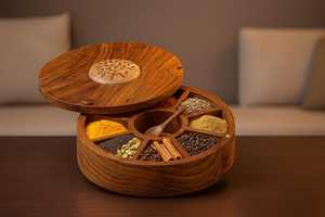 Handmade Indian Spice <b>Box</b> Masala Dabba – <b>Floral</b> Burnt Rosewood Wooden Spice Organizer with 9 Compartments - Product Image 5