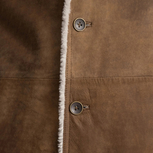 Manteau en cuir véritable marron pour homme, longueur genou, col à revers cranté, simple boutonnage, doublure en fourrure - Product Image 6