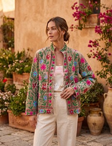 Damen Blumen-Bestickter Gewebter Samt Winter/Frühling Umweltfreundlicher Atmungsaktiver Handgefertigter Suzani-Stil Offene Vorderseite Boho Ethnische Baumwolle - Product Image 2