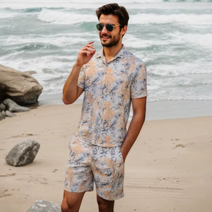 Ensemble assorti hawaïen pour homme avec chemise boutonnée et short imprimé personnalisé – Idéal pour l'été - Product Image 1