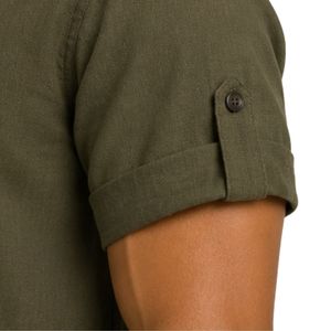 Camisa Casual de Lino y Algodón para Hombre, Color Verde Oliva, Cuello Mandarín, Manga Corta, Transpirable, Verano, Manga Enrollable, Logotipo Personalizado - Product Image 6