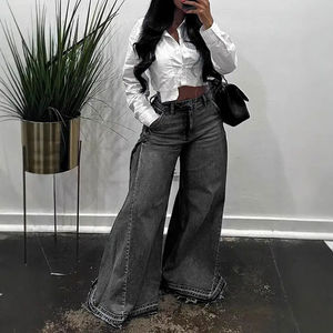 Pantalones vaqueros de mezclilla transpirables para mujer, estilo casual, de pierna ancha, corte regular, largos hasta el suelo, color azul, para el mercado estadounidense. - Product Image 5