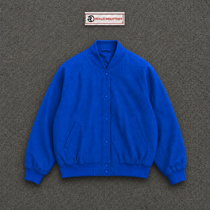 Chaqueta universitaria de lana azul real para hombre, chaqueta bomber extragrande personalizada con cierre de botones a presión, cuello, puños y dobladillo acanalados. - Product Image 5