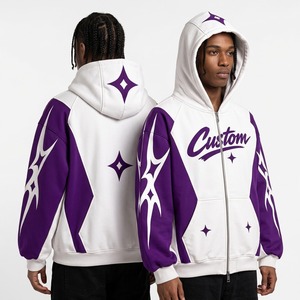 Veste à capuche zippée avec motif graphique blanc et violet, manches contrastées, style streetwear, pour homme et femme. - Product Image 5