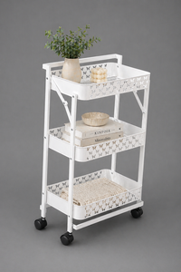 Chariot roulant moderne en métal blanc à 3 niveaux avec paniers en maille, chariot de rangement avec roulettes pour la maison et la cuisine, chariot utilitaire avec roulettes - Product Image 5