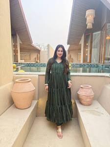 Robe ethnique longue en coton rayé vert pour femme, coupe ample, tenue décontractée d'été, style Inde Pakistan - Product Image 3