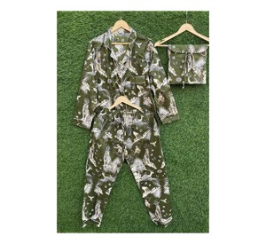 Conjunto de Pijama de Algodón 100% Puro para Mujer, Estampado Floral, Cuello en V, Cierre con Cordón, Transpirable, Largo - Product Image 1