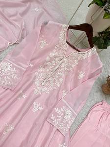Ensemble Kurta et pantalon en mousseline de soie H.O.Silk brodée rose pour femmes, avec dupatta, style traditionnel indien pakistanais, pour mariage, séchage rapide - Product Image 2