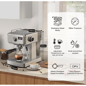 Macchina per Espresso PSH10Plus-WH 20 Bar, Macchina da Caffè Semi-Automatica, Preparazione a Freddo/Caldo 95°C, Vapore 135°C, Caffè Macinato 58mm - Product Image 4