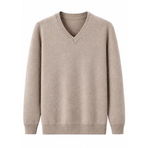 Pull en laine mélangée beige uni, doux, respirant, chaud, thermique, col en V, manches longues, classique, confortable pour hommes - Product Image 1