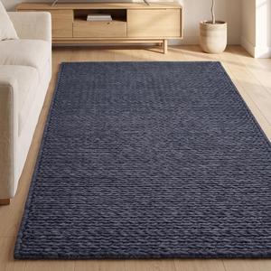 Modern Slate Blue Handcrafted Loop Pile Area <b>Rug</b>, Textured Woven Design, Elegant <b>Rustic</b> Floor Covering for Living Room Bedroom - Product Image 4