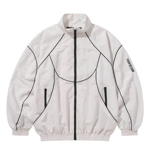 Men's White Windproof <b>Racer</b> <b>Jacket</b> Stand Collar Zipper Closure Casual Spring Polyester Shell Loose Fit Left Sleeve Logo - Product Image 1