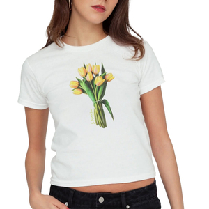 Women's White <b>Crop</b> <b>Top</b> Short Sleeve O-Neck Floral Tulip Print Casual T-Shirt Slim Fit Jersey Cotton - Product Image 1