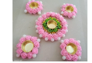 Handmade Pink Rose and Pearl <b>Tealight</b> Candle <b>Holder</b> Set with Floral Rangoli Tray for Diwali Wedding Festival Home Decor Gift - Product Image 3