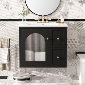 Mobile Bagno Sospeso da 24 Pollici per Spazi Ridotti con Lavabo in Ceramica, 2 Cassetti e 1 Anta con Chiusura Ammortizzata - Product Image 3
