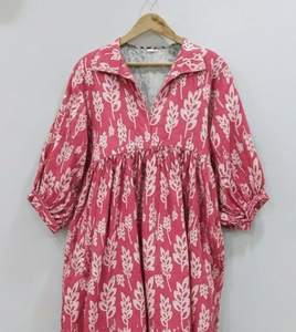 Vestido Túnica Indio Hecho a Mano 100% Algodón para Mujer |   Ropa Formal de Oficina Ecológica y Transpirable, Corte en A, Floral, Dibujada a Mano, Natural - Product Image 6