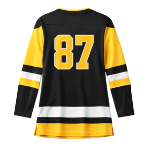 Maillot de hockey sur glace pour femmes, noir et jaune, style équipe, respirant, anti-humidité, 100% polyester, manches longues, performance hockey - Product Image 3
