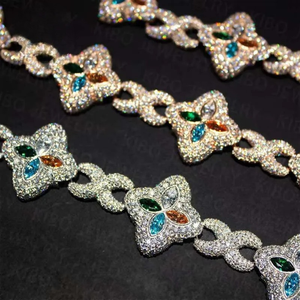 Collier tendance en or blanc avec moissanite et maillons en forme de cœur, chaîne à breloques en pierres colorées, plaqué rhodium, unisexe - Product Image 4