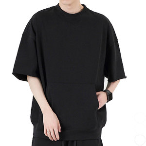 Camiseta de Hombre Negra, Holgada, de Manga Corta, Cuello Redondo, Tejida, Informal, de Color Sólido - Product Image 1