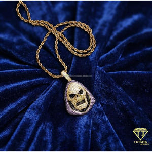 Pendentif personnalisé en forme de crâne, en argent sterling 925, serti de pierres violettes et noires, style hip-hop - Product Image 1