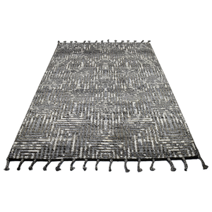Tapis d'intérieur en laine tissé à la main gris anthracite et ivoire, à poils ras, motif géométrique tribal texturé avec franges - Product Image 2