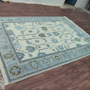 Alfombra Antideslizante de Lana y Algodón Tejida a Mano, Diseño Abstracto, Pelo Corto y Fino, Color Verde Pastel Oushak, para Sala de Estar - Product Image 3