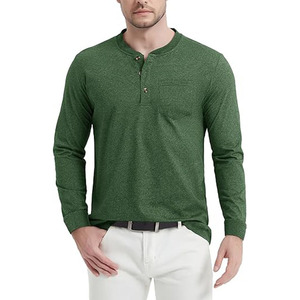 Chemise Henley à manches longues pour homme, couleur verte, coupe classique, en coton tricoté, haut décontracté, couleur unie, respirant, col rond - Product Image 1