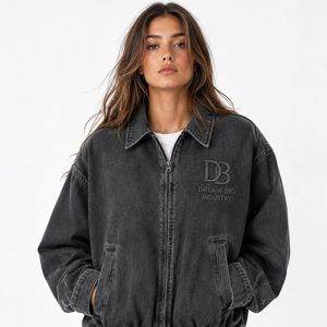 Custom Washed Solid Black Denim Hooded Jacket with Logo Embroidery Personalized Unisex <b>Zip</b> <b>up</b> Oversized Streetwear Bomber Jacket - Product Image 6