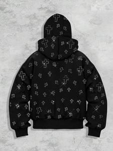 Sudadera con capucha y cremallera cruzada con pedrería para hombre, de forro polar grueso, estilo urbano, con capucha tipo máscara, personalizable, al por mayor, 100% algodón - Product Image 3