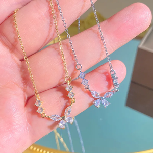 Collier papillon pour femme en acier inoxydable 304 avec incrustation de zircon plaqué or 0,03 µm sur chaîne en câble - Product Image 6