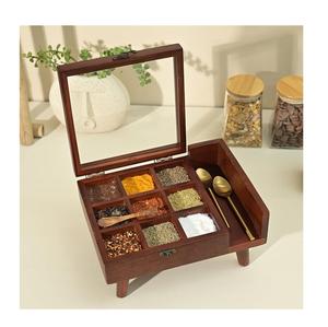Boîte à masala pour table de cuisine avec 9 compartiments et cuillère, boîte de rangement multifonction pour épices, boîtes en bois de qualité alimentaire, faible MOQ - Product Image 1