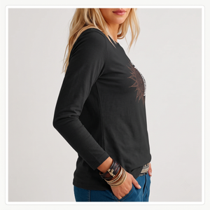 Camiseta Gráfica Boho de Manga Larga Ajustada para Mujer, con Estampado de Sol y Luna, de Algodón Transpirable, Cuello Redondo, Disponible en Tallas XS a 6XL, OEM - Product Image 3